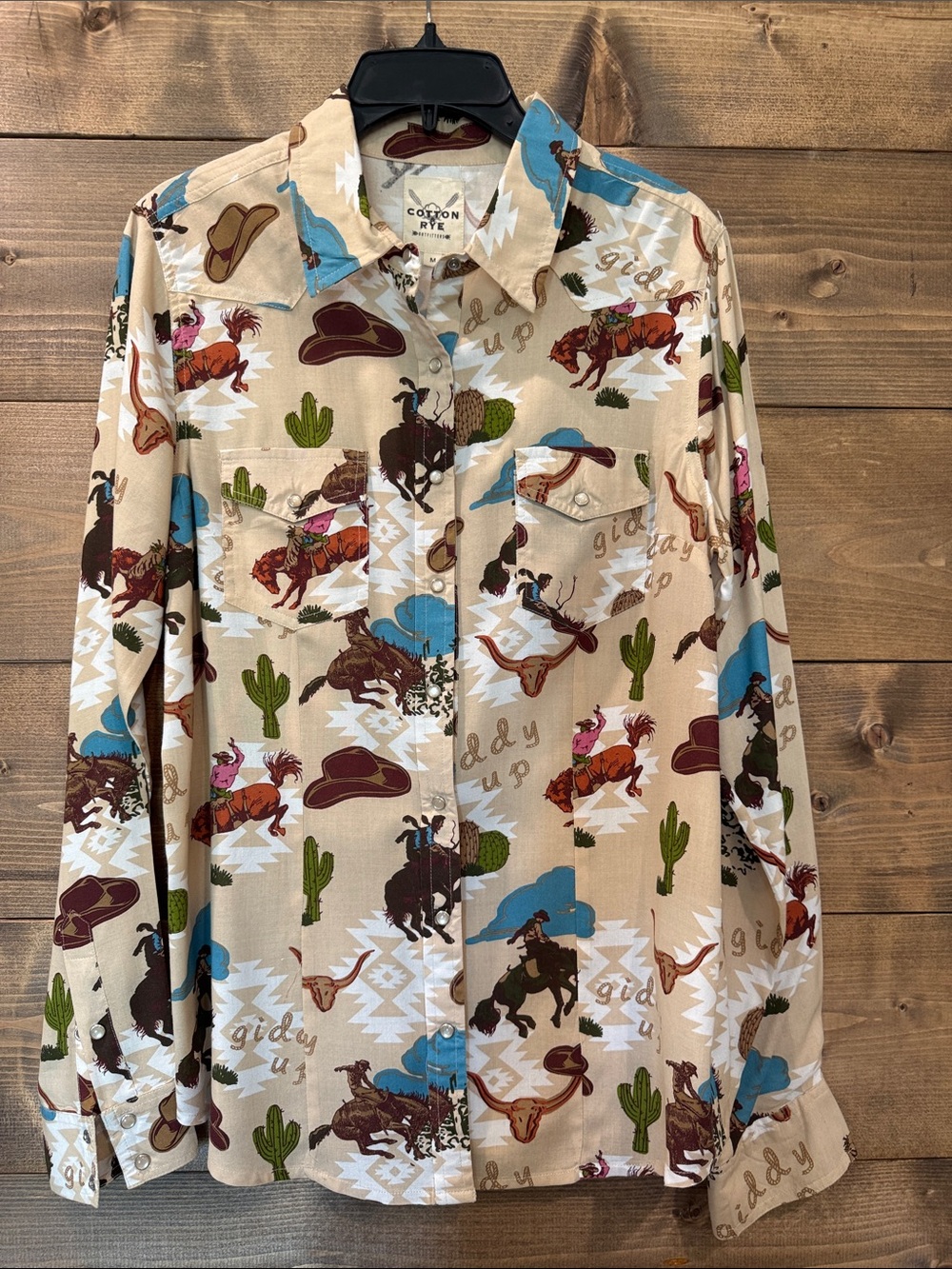 Women’s Beige Western Print Pearl Snap Shirt - Cotton RyE